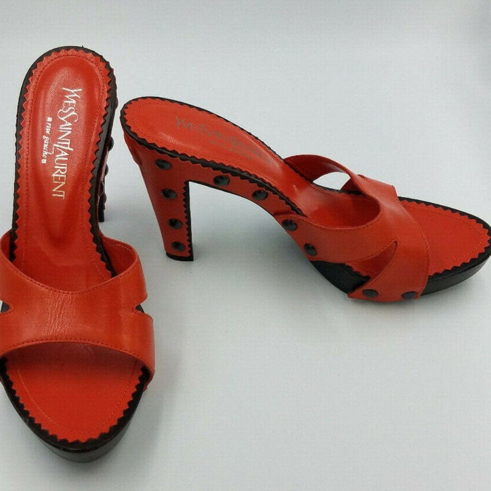 Authentic YSL Orange Leather Wooden Heel Platform Sandals Size US 9